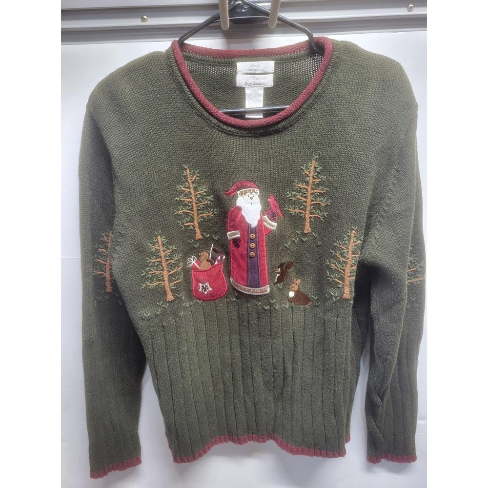 Christopher & Banks Christmas Sweater Green Santa Woodland Hand Embroidered Med
